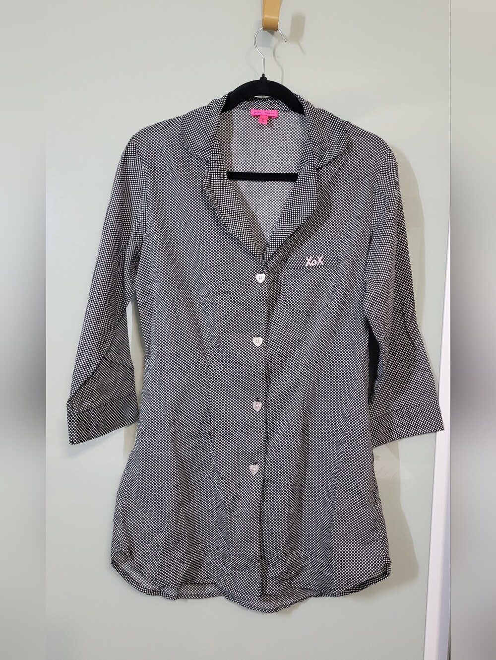 Betsey Johnson Polka Dot Sleep Shirt Featuring XOXO Embroidery & Heart Buttons